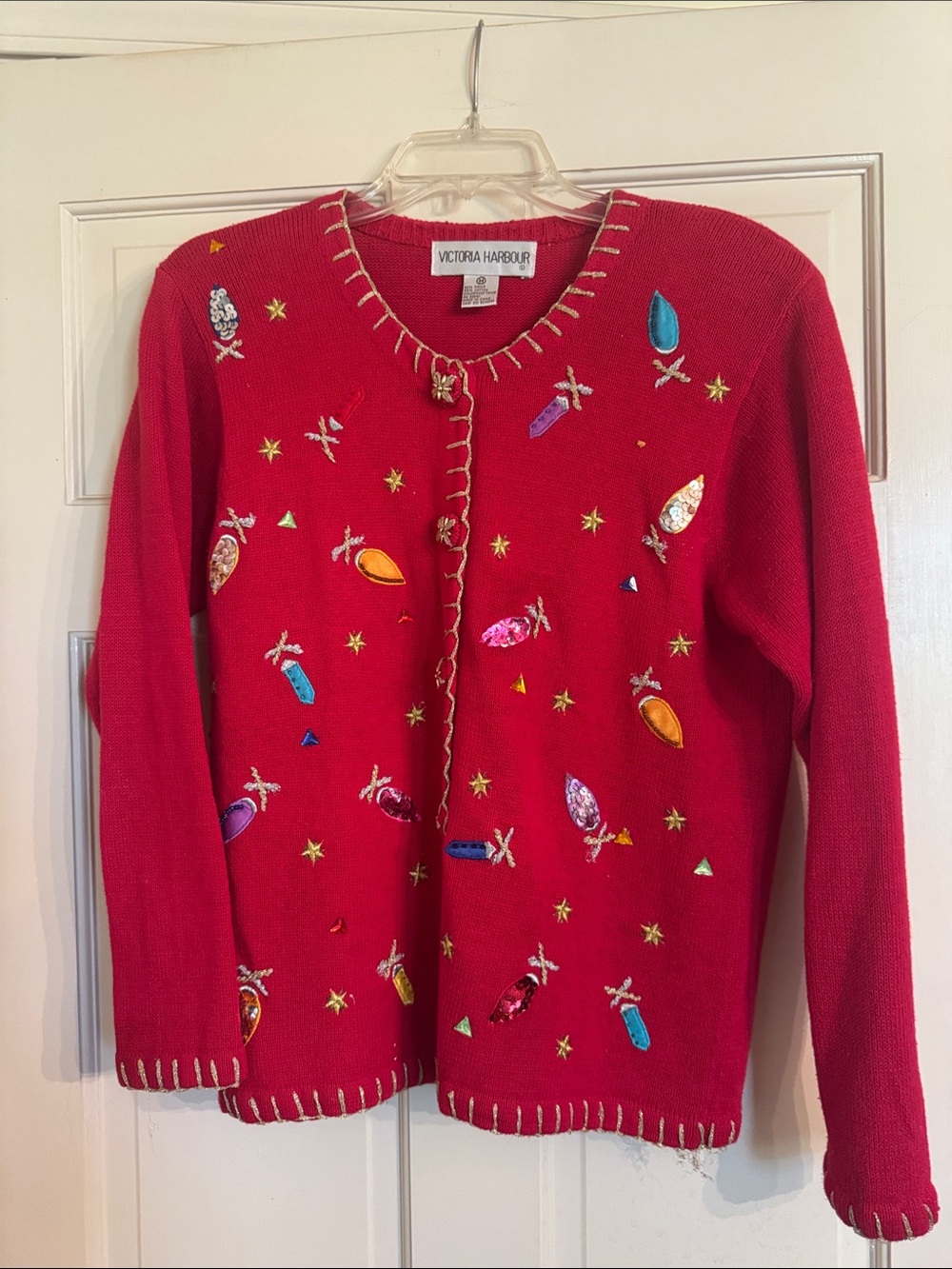 Victoria Harbour Red Embellished Holiday Cardigan
